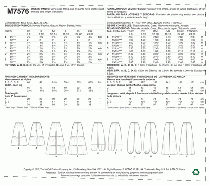 McCall's Pattern M7576 Y (XSM-SML-MED)