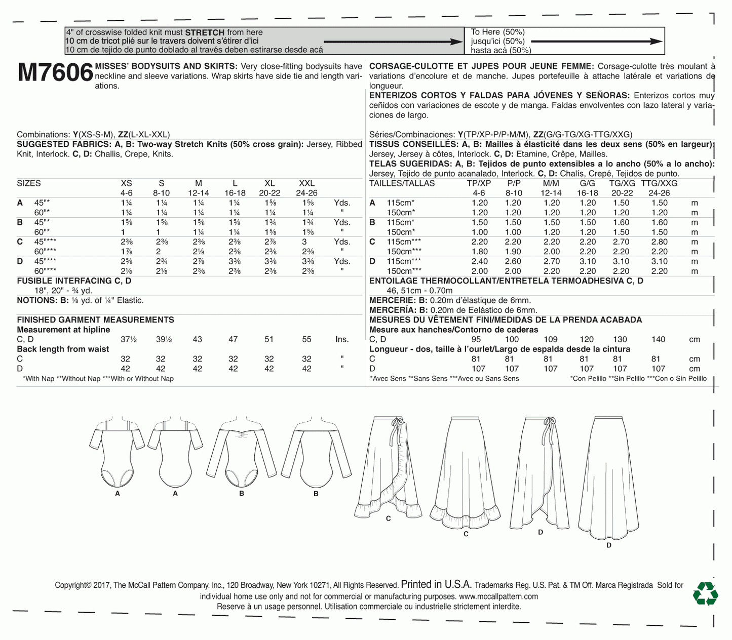 McCall's Pattern M7606 Y (XSM-SML-MED)