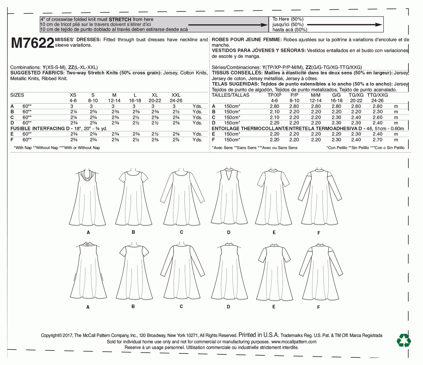 McCall's Pattern M7622 Y (XSM-SML-MED)