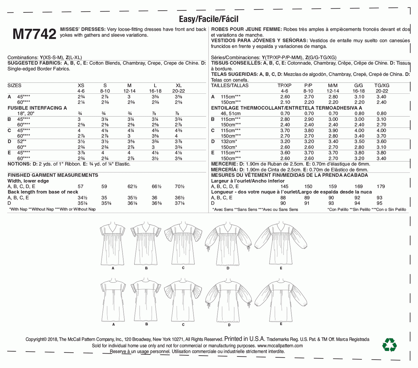 McCall's Pattern M7742 Y (XSM-SML-MED)