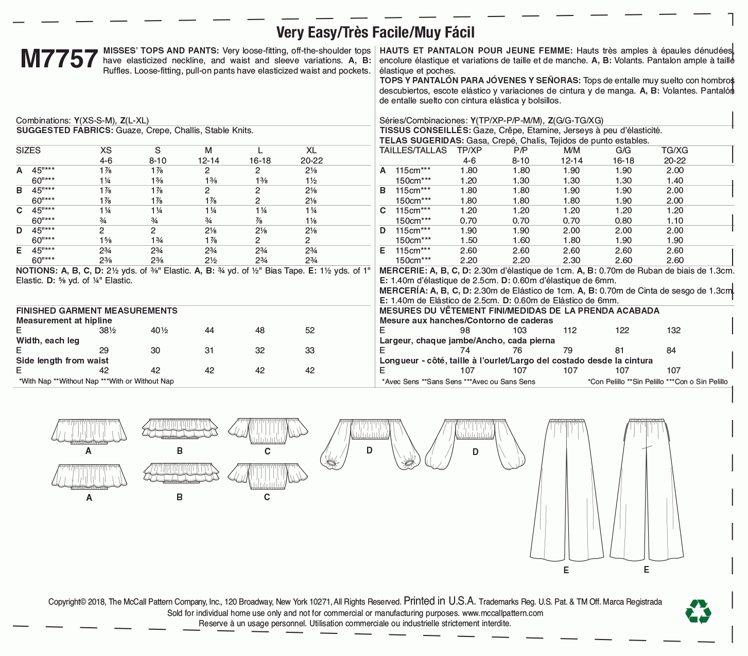 McCall's Pattern M7757 Y (XSM-SML-MED)