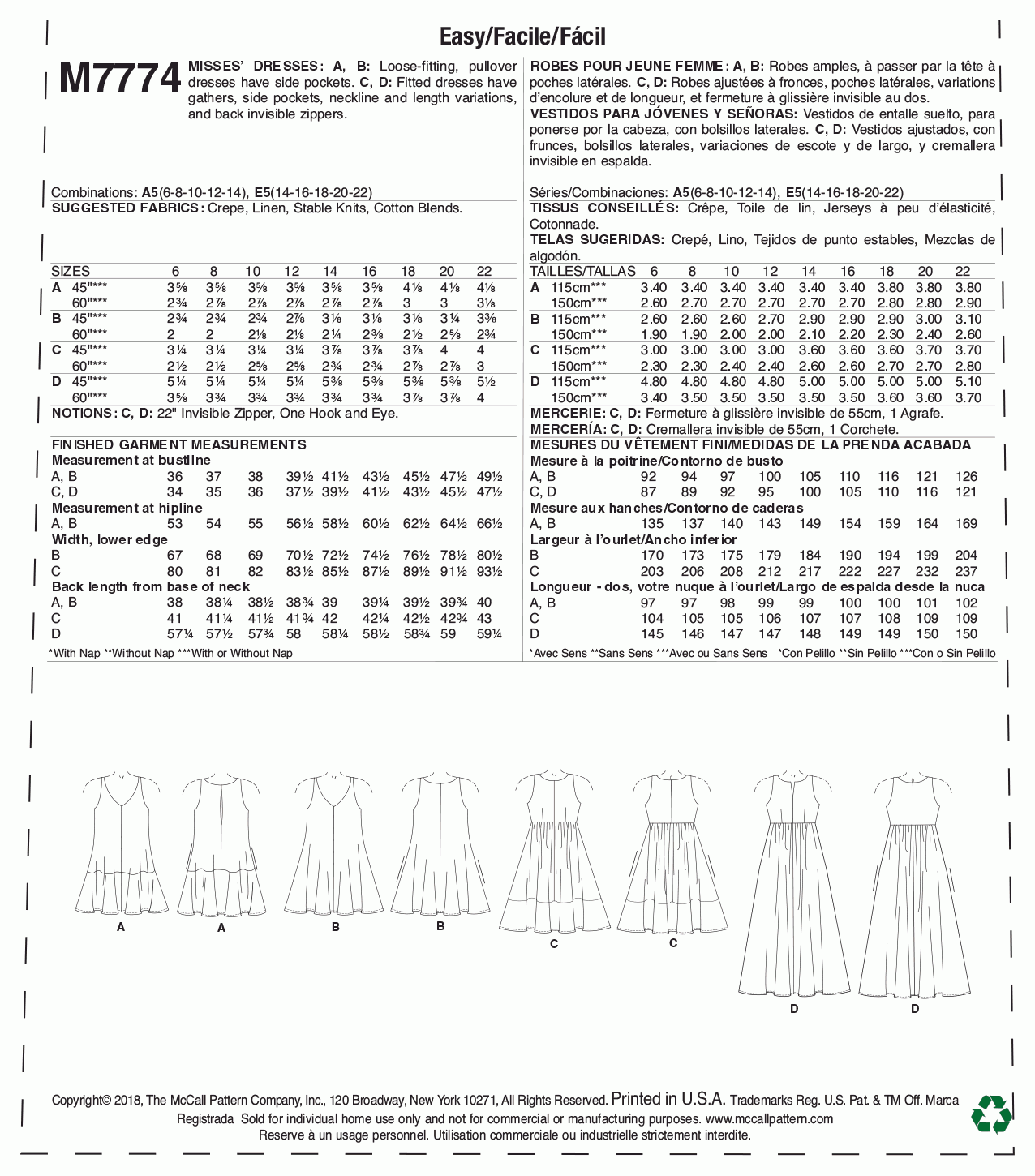 McCall's Pattern M7774 A5 (6-8-10-12-14)