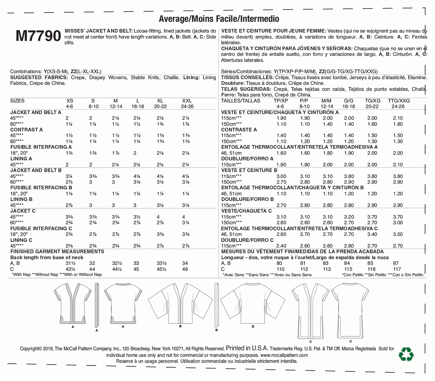 McCall's Pattern M7790 Y (XSM-SML-MED)