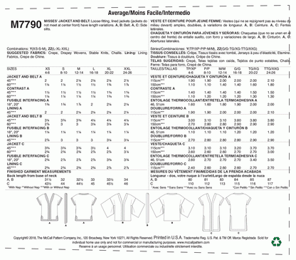 McCall's Pattern M7790 Y (XSM-SML-MED)