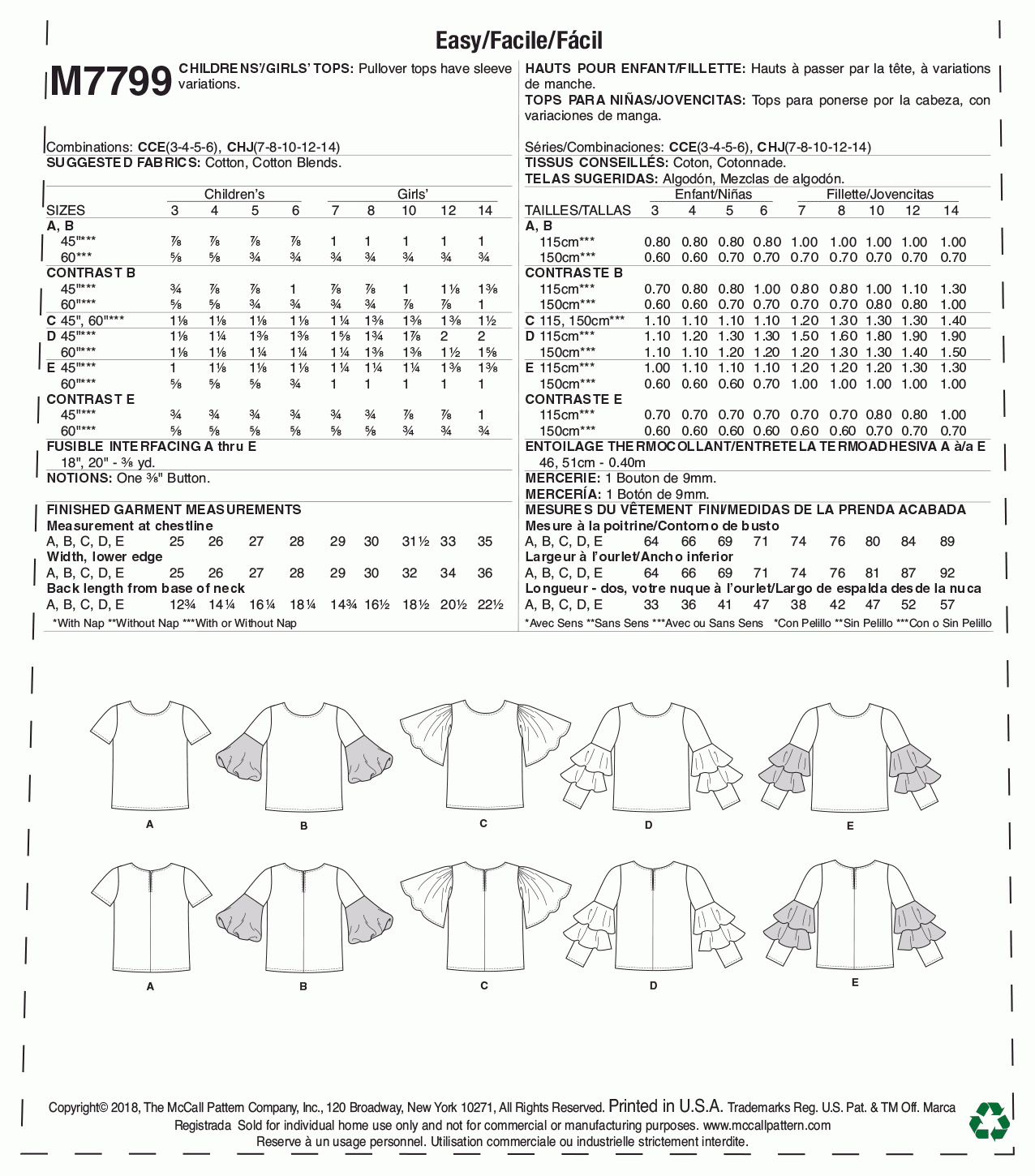 McCall's Pattern M7799 CCE (3-4-5-6)