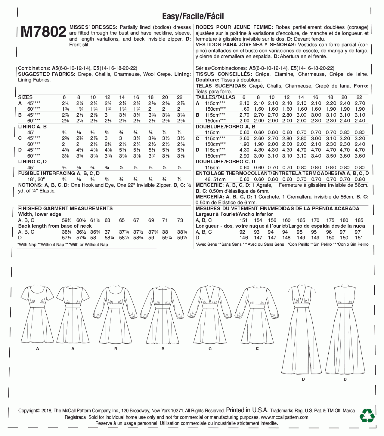 McCall's Pattern M7802 A5 (6-8-10-12-14)