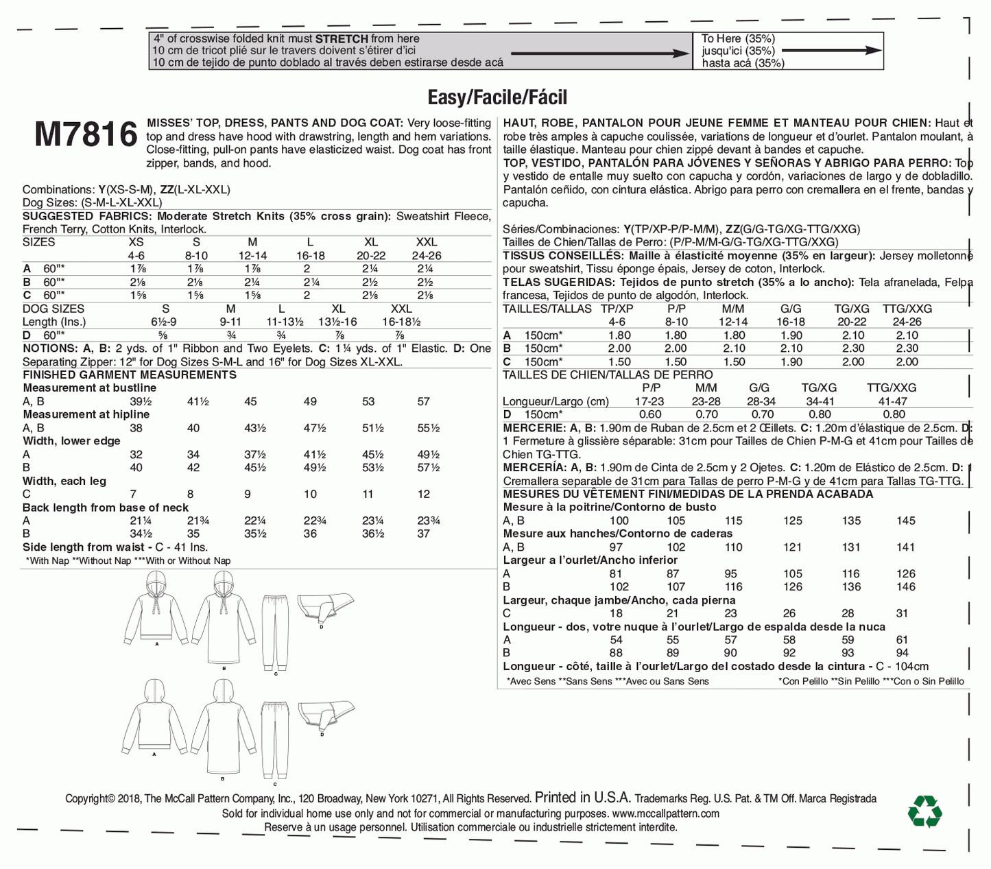 McCall's Pattern M7816 Y (XSM-SML-MED)