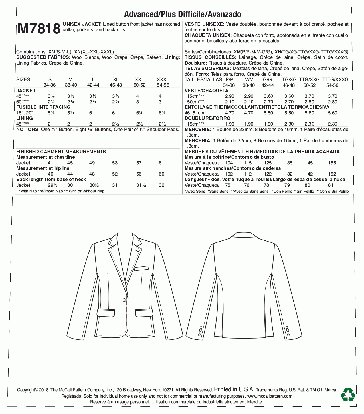 McCall's Pattern M7818 XM (SML-MED-LRG)