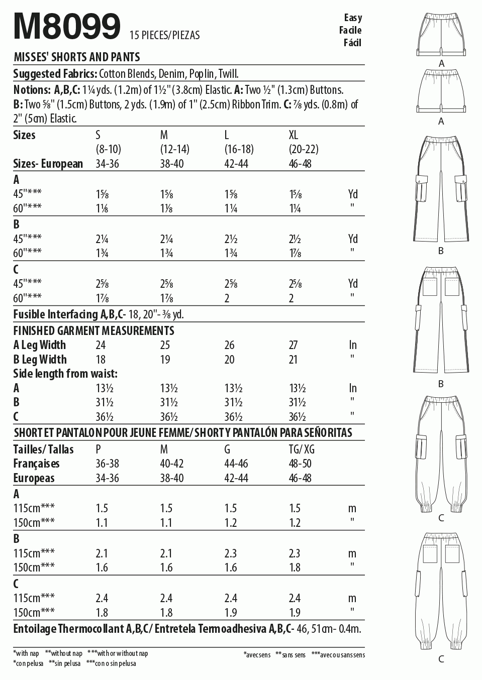 McCall's Pattern Misses' Short Pants M8099 (S-M-L-XL)