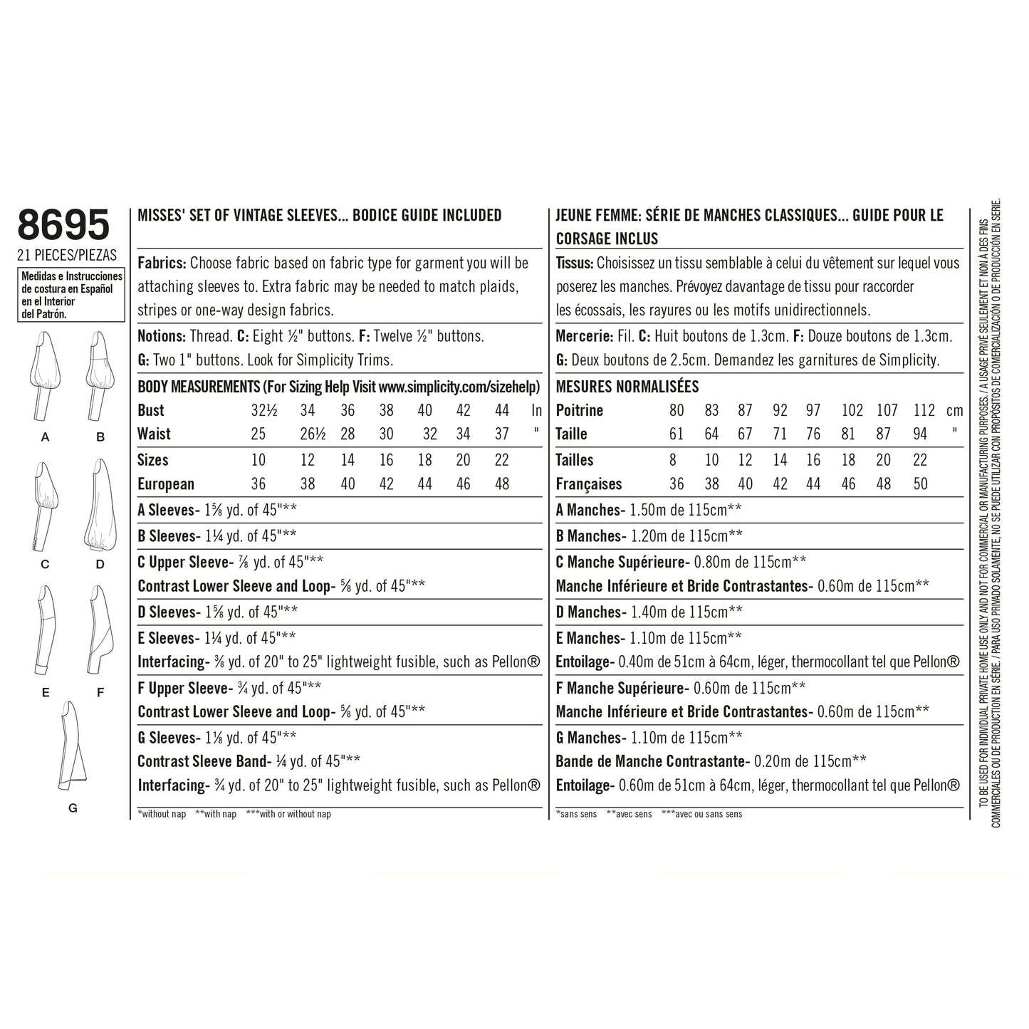 Simplicity Pattern 8695 Women's Vintage Set of Sleeves