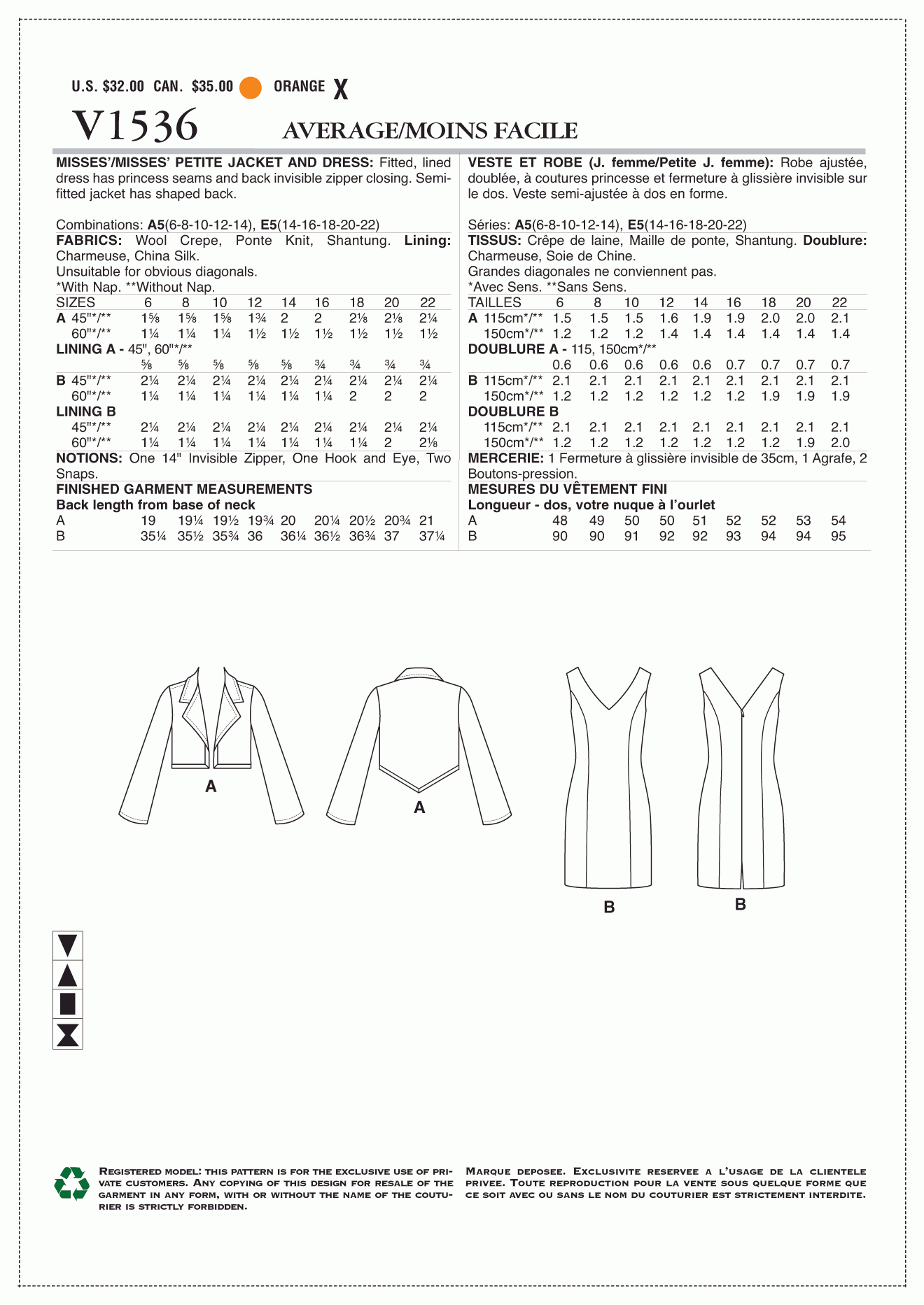 Vogue Pattern V1536 A5 (6-8-10-12-14)