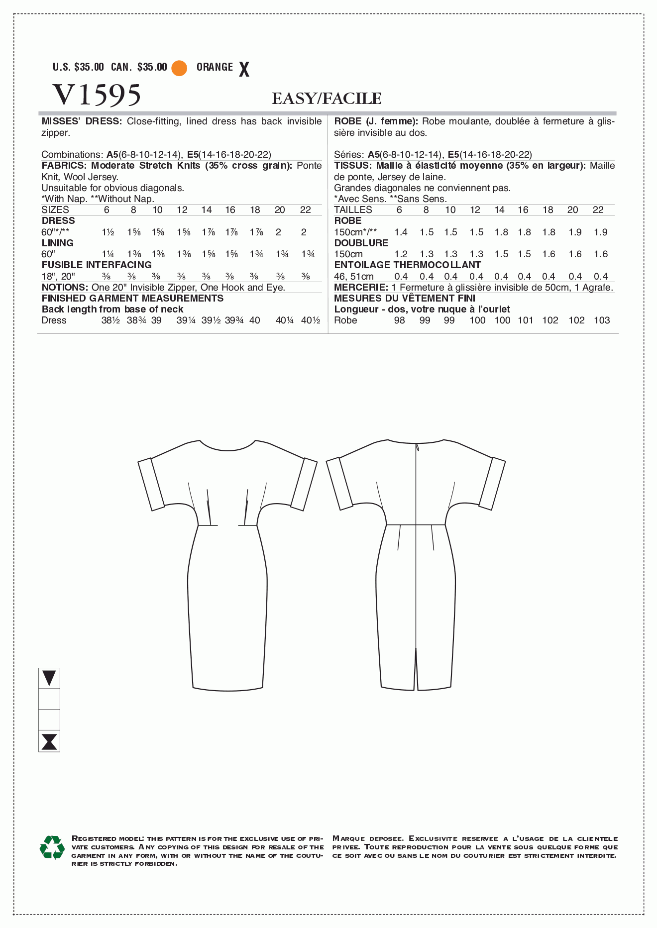 Vogue Pattern V1595 A5 (6-8-10-12-14)