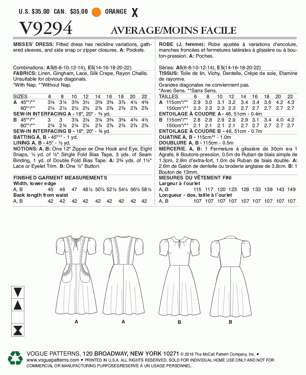 Vogue Pattern V9294 A5 (6-8-10-12-14)