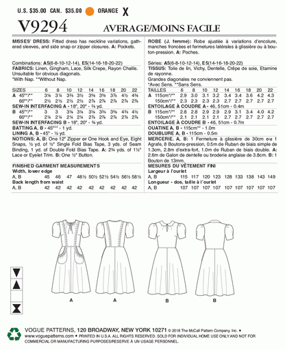 Vogue Pattern V9294 A5 (6-8-10-12-14)