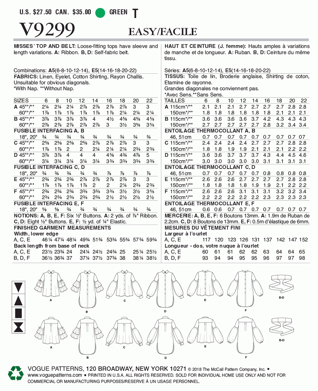 Vogue Pattern V9299 A5 (6-8-10-12-14)