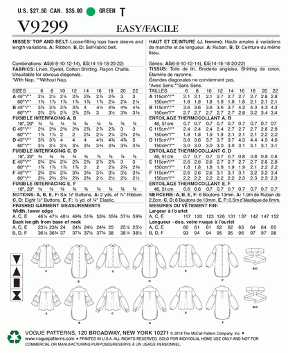 Vogue Pattern V9299 A5 (6-8-10-12-14)