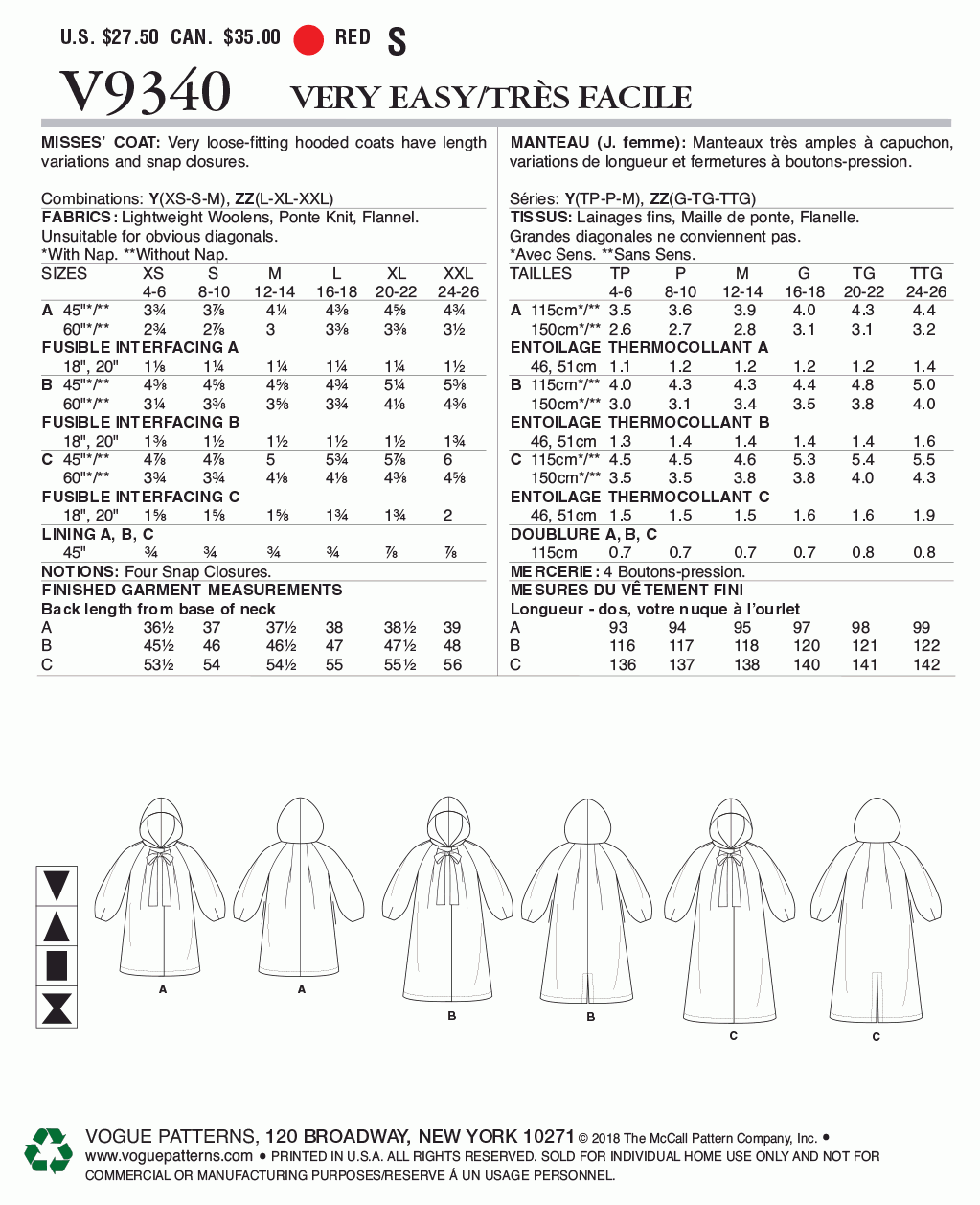 Vogue Pattern V9340 Y (XSM-SML-MED)