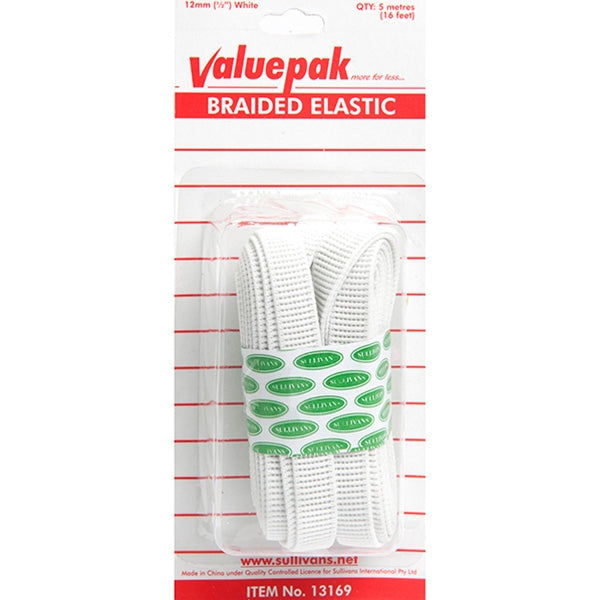 Valuepak 12mm Braided Elastic, White- 5m