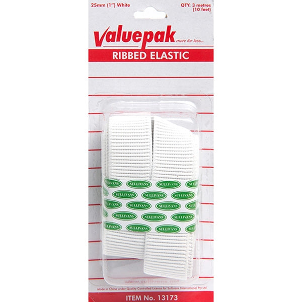 Valuepak 25mm Braided Elastic, White- 3m