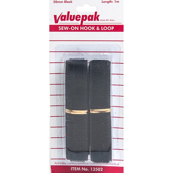 Valuepak 20mm Sew-On Hook & Loop, Black- 1m