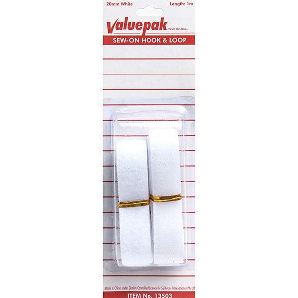 Valuepak 20mm Sew-On Hook & Loop, White- 1m