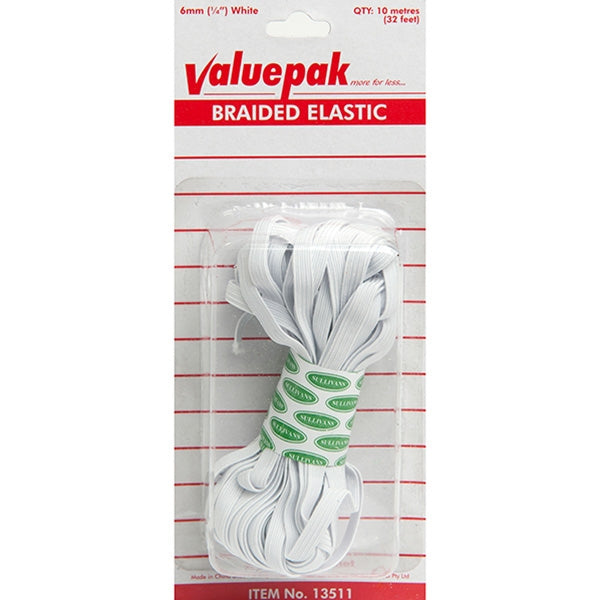 Valuepak 6mm Braided Elastic, White- 10m