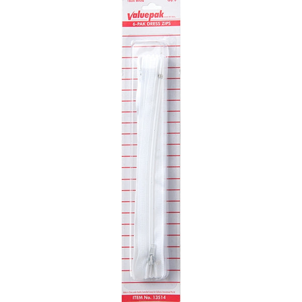 Valuepak 18cm Zips, White- 6pk