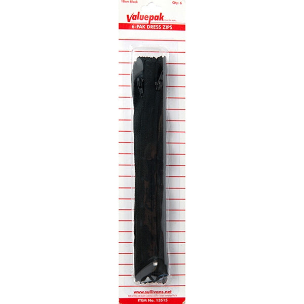 Valuepak 18cm Zips, Black- 6pk