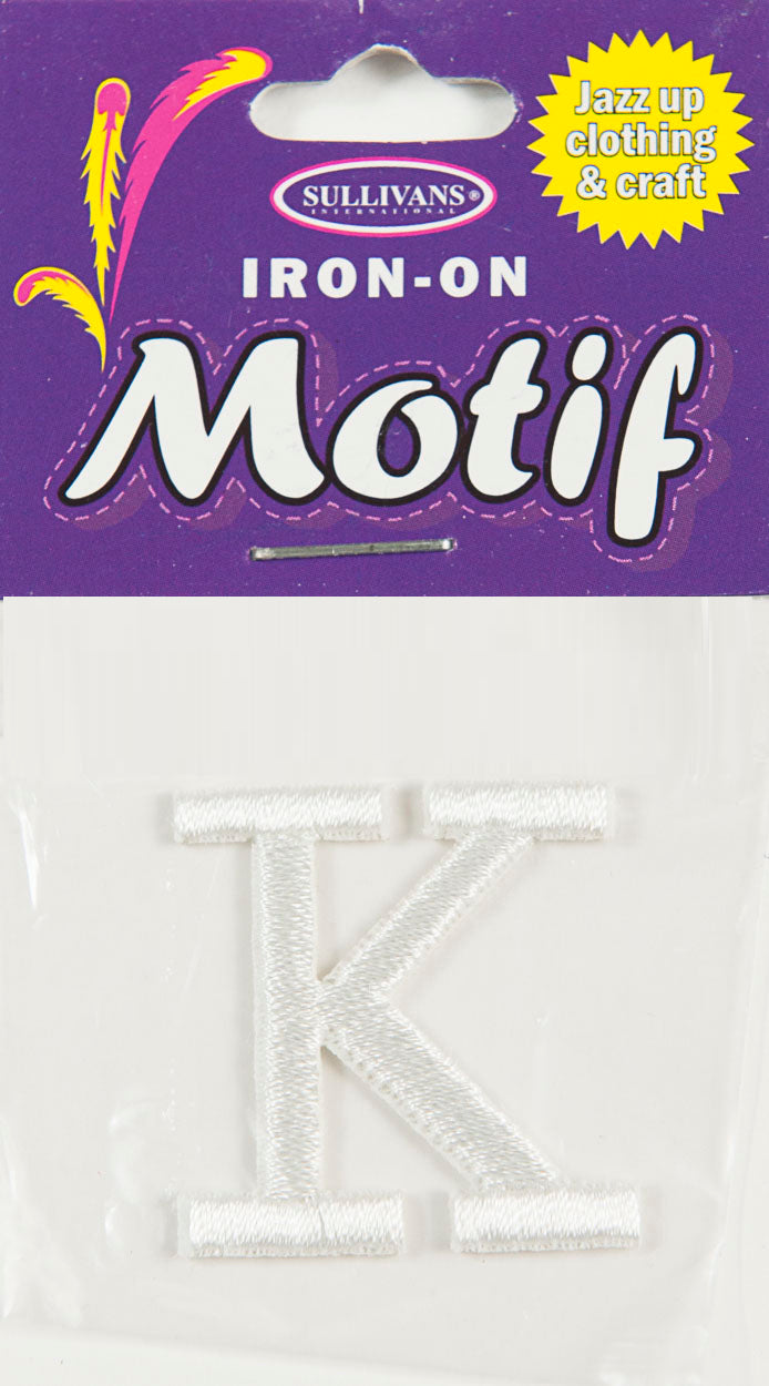 Iron On Motif Letter K, White - 30mm - Sullivans